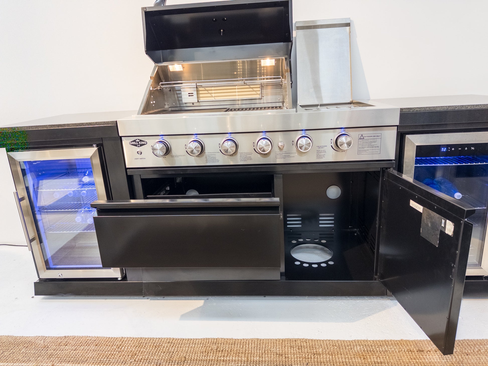 L Shape Black 304SS 4 Burner + Wok BBQ Kitchen Inc Wok & Rear Infrared Burner, Fridge & Sink