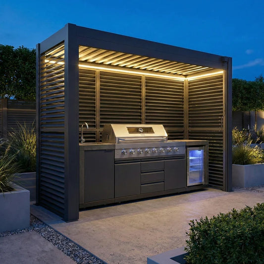Grill King Outdoor BBQ Shelter Package – 6 Burner Charcoal BBQ Kitchen, Fridge & Sink + Freestanding Aluminium Louver Roof with LED Lighting & Privacy Blind