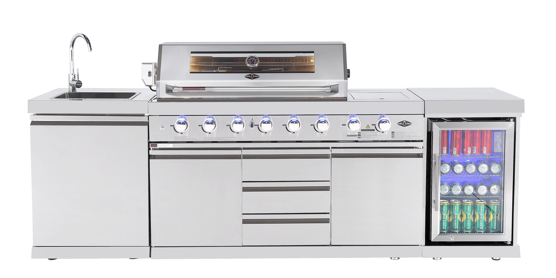 Hurricane 6-Burner Outdoor BBQ Kitchen + 188L Kegerator : Stainless Steel, Fridge, Sink, Height Adjustable