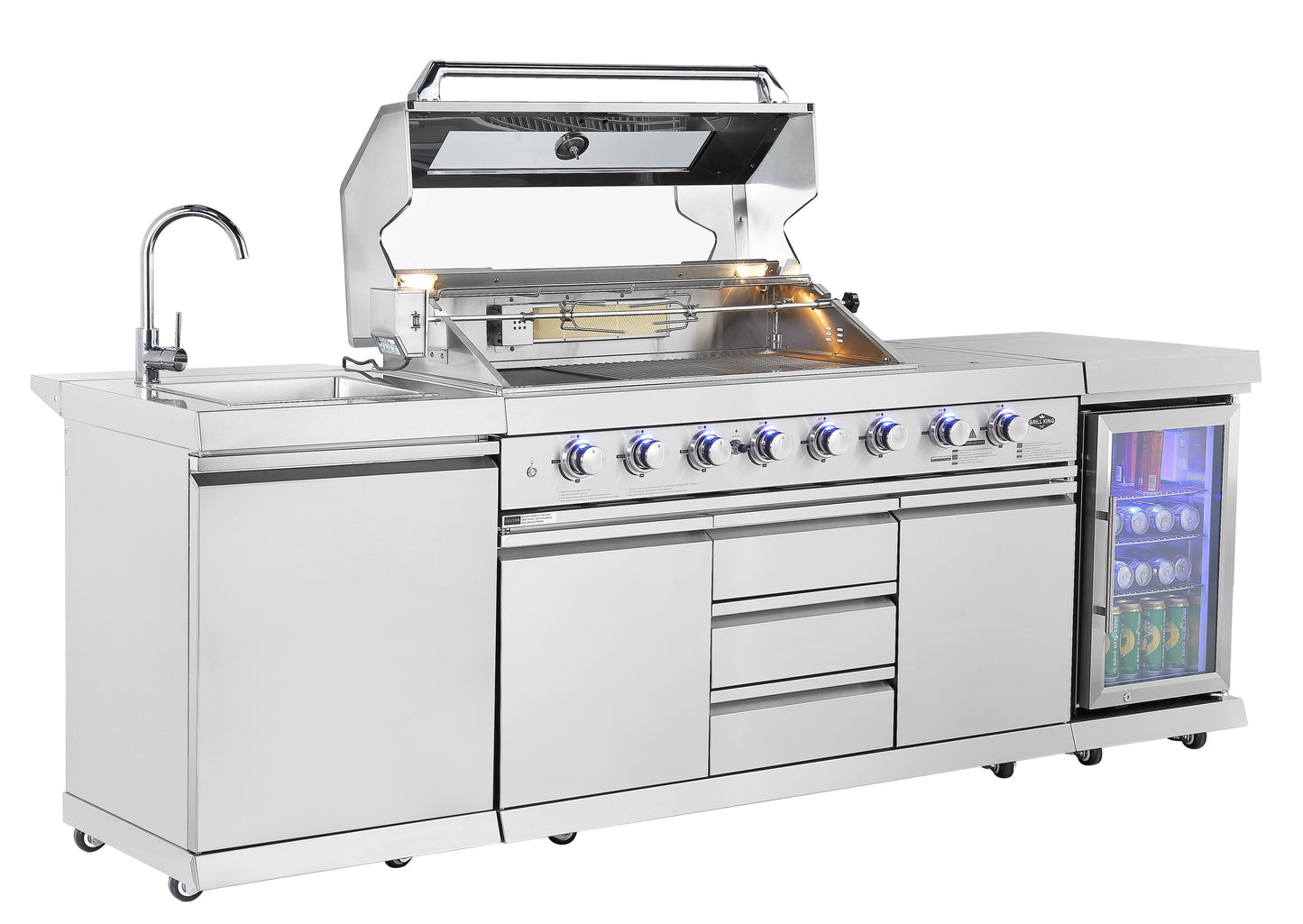 Hurricane 6-Burner Outdoor BBQ Kitchen + 188L Kegerator : Stainless Steel, Fridge, Sink, Height Adjustable