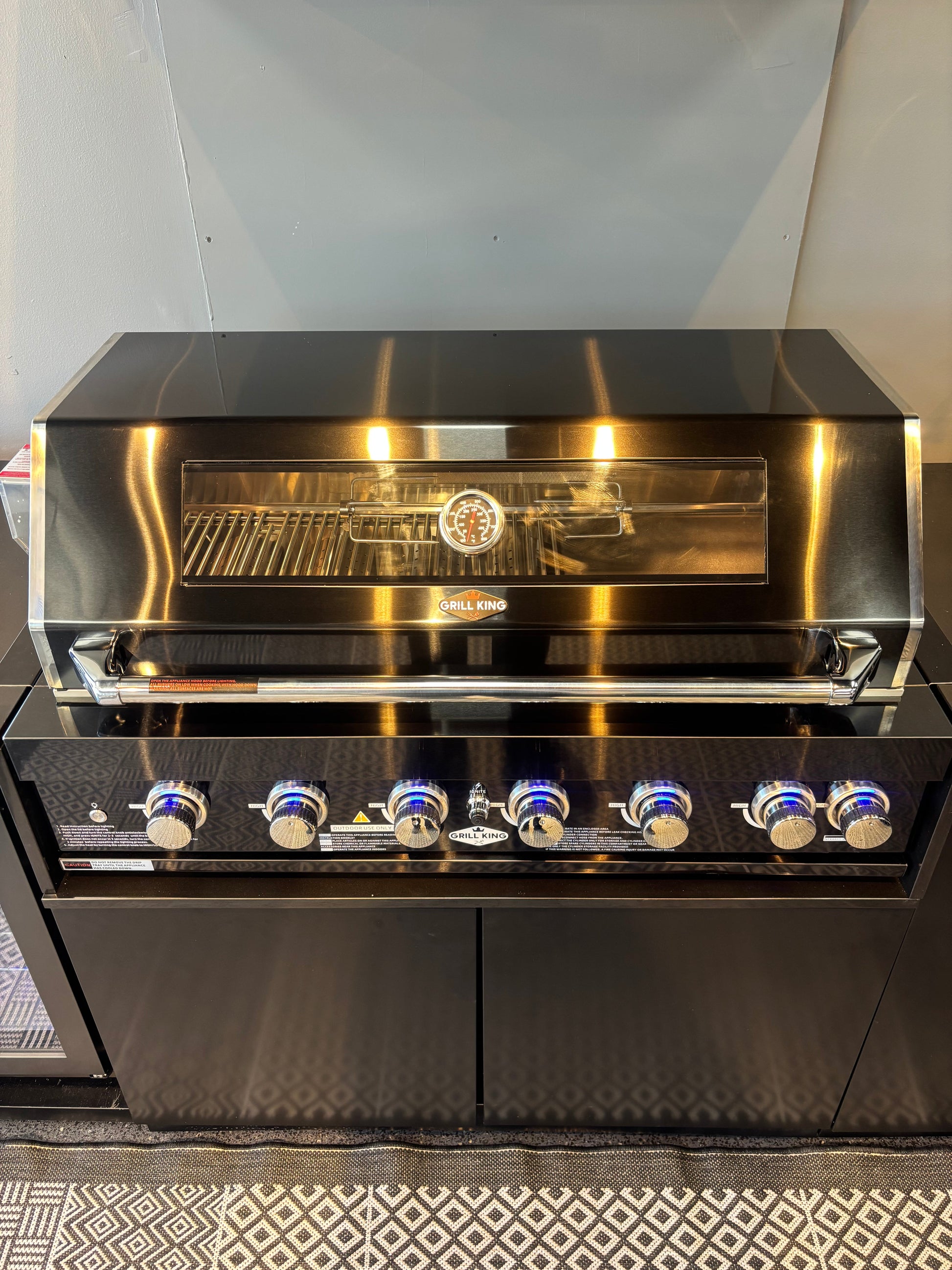 Grill King Signature Series 6 Burner Outdoor BBQ Kitchen Package – Black Stone Benchtop, Black Aluminium Cabinets, Built-In BBQ + Rotisserie