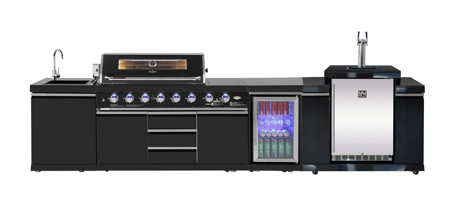 Kingsley 6-Burner Outdoor BBQ Kitchen + 188L Kegerator : Black Stainless Steel, Stone Bench, Fridge, Sink, Height Adjustable