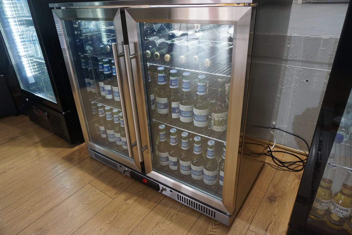 Tropical Rated Triple Glazed 304 SS 2-Door Stainless Steel Under Counter Can Cooler Wine Bar Fridge 208L
