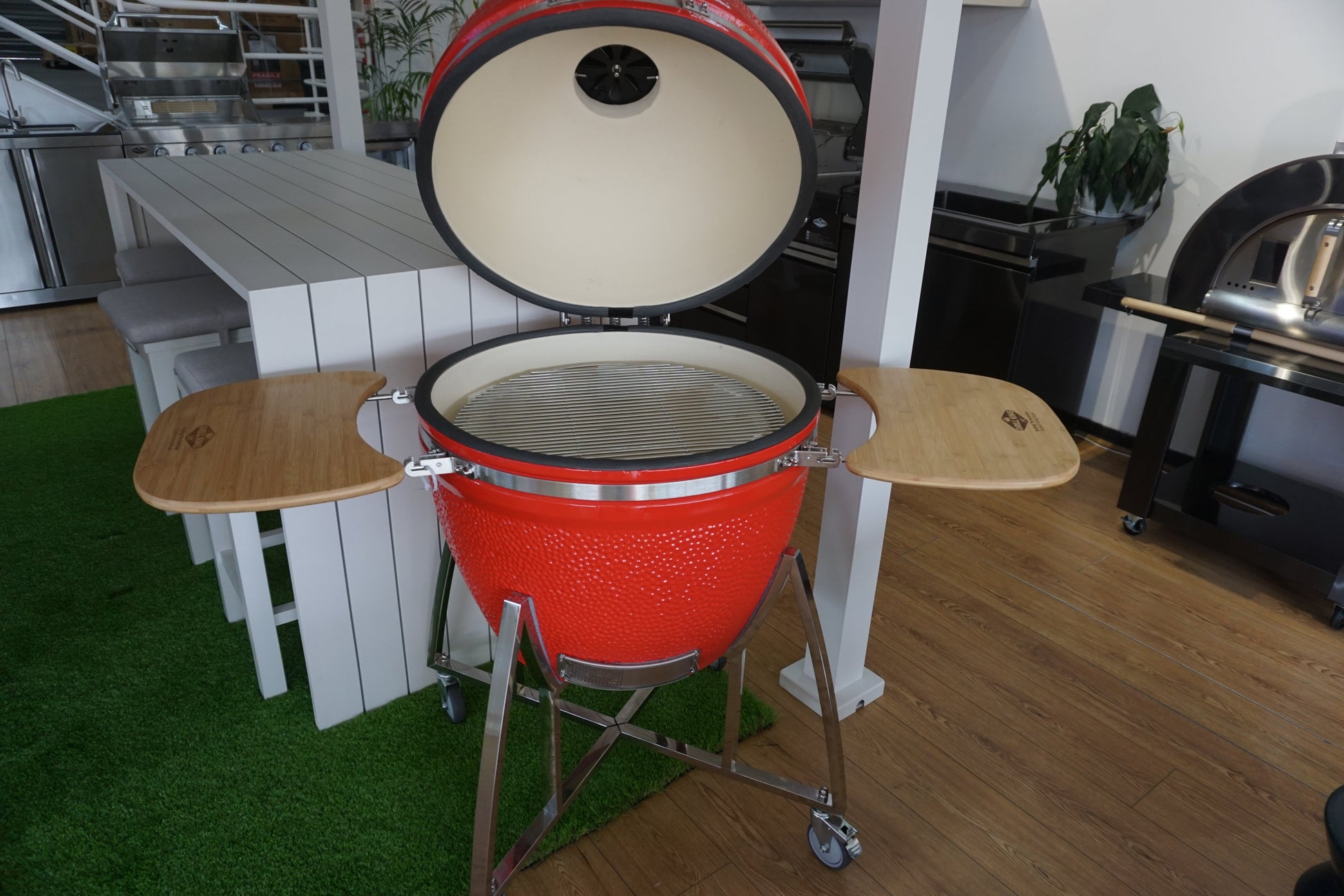 Grill King 27” White Kamado Ceramic Charcoal Grill With Trolley & Side Tables