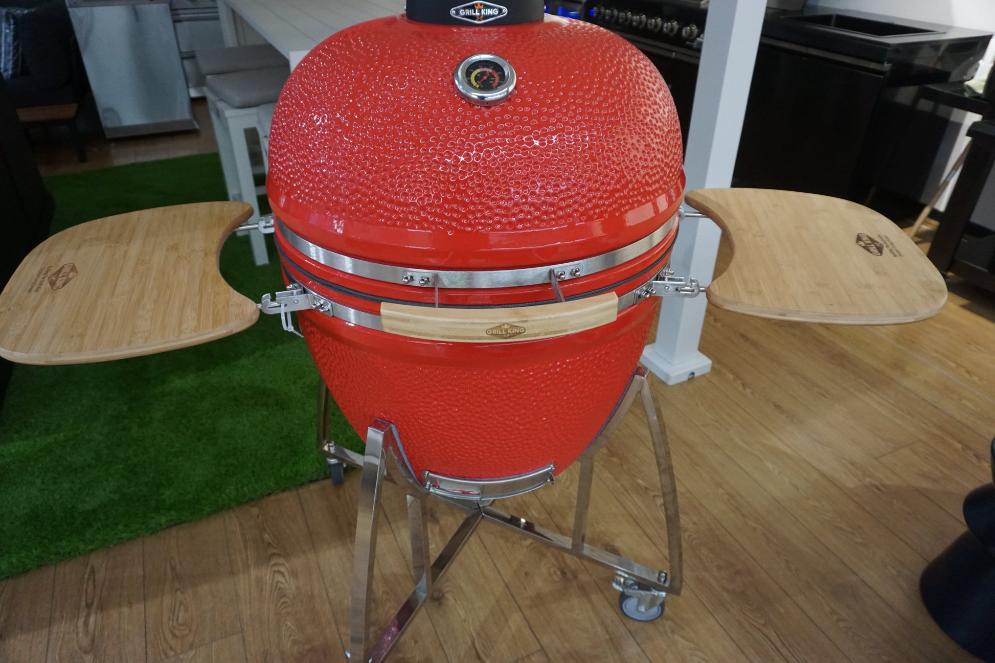 Grill King 27” White Kamado Ceramic Charcoal Grill With Trolley & Side Tables