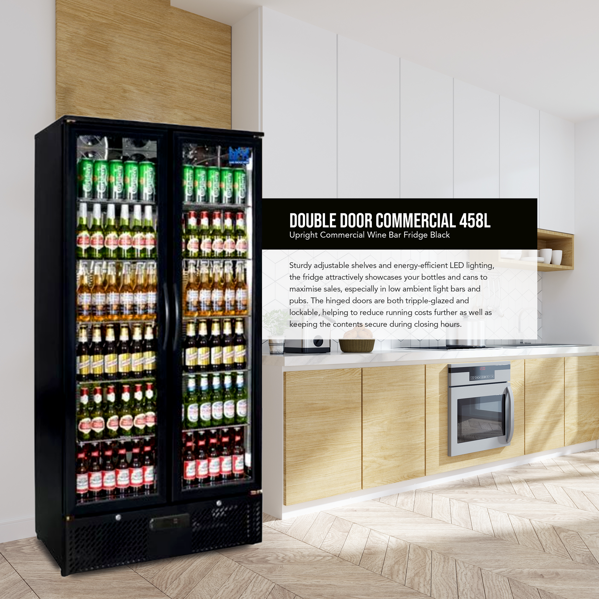 Free Metro Shipping Tropical Rated Triple Glazed Double Door Commercial 458ltr Upright Wine Bar Fridge Black