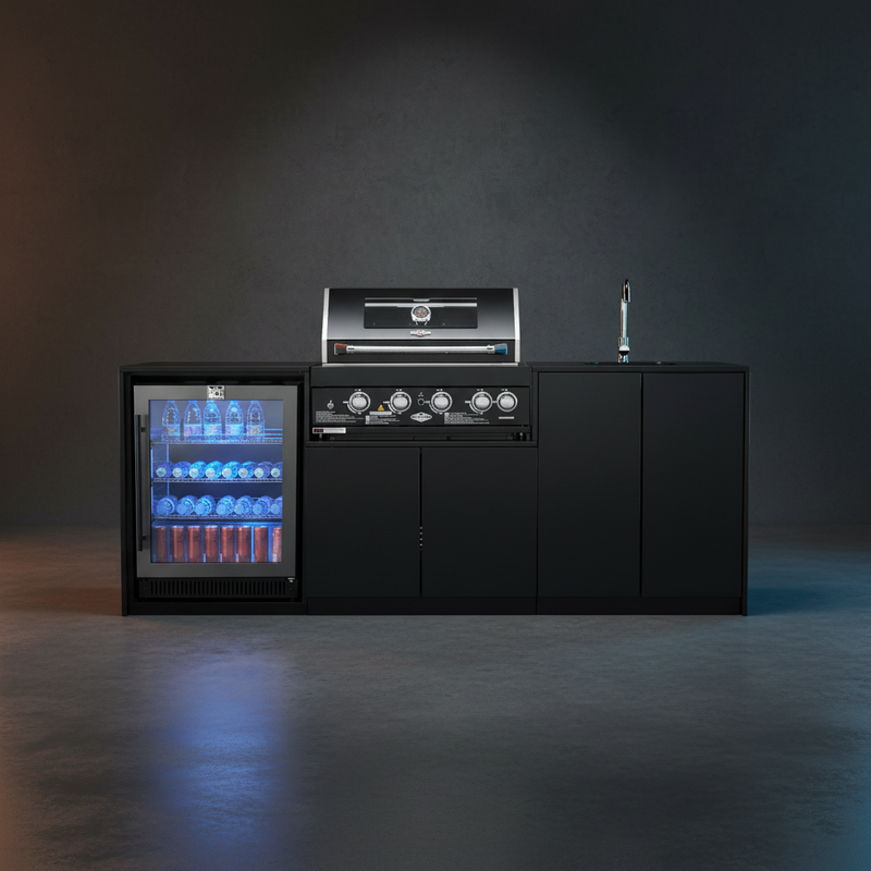 Grill King Signature Series Outdoor BBQ Kitchen Package – Rockpool Black Stone Bench-Top, Black Aluminium Cabinets | 4-Burner Built-In BBQ + Rotisserie + 150L Outdoor Fridge