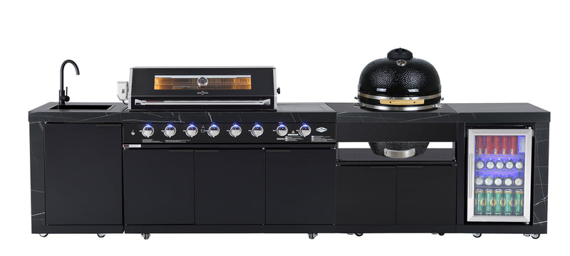 Rockpool Black 6B + 21” Kamado Smoker : Designer Outdoor Kitchen BBQ Package Inc Wok Burner, Fridge, Sink