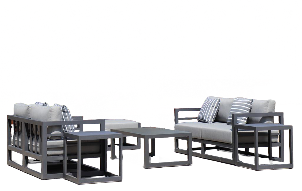 7 Piece Charcoal Aluminium Hampton Style Outdoor Furniture Lounge Set Weather Resistant 3 Seater, 1+1 + Coffee Table & 2x Side tables
