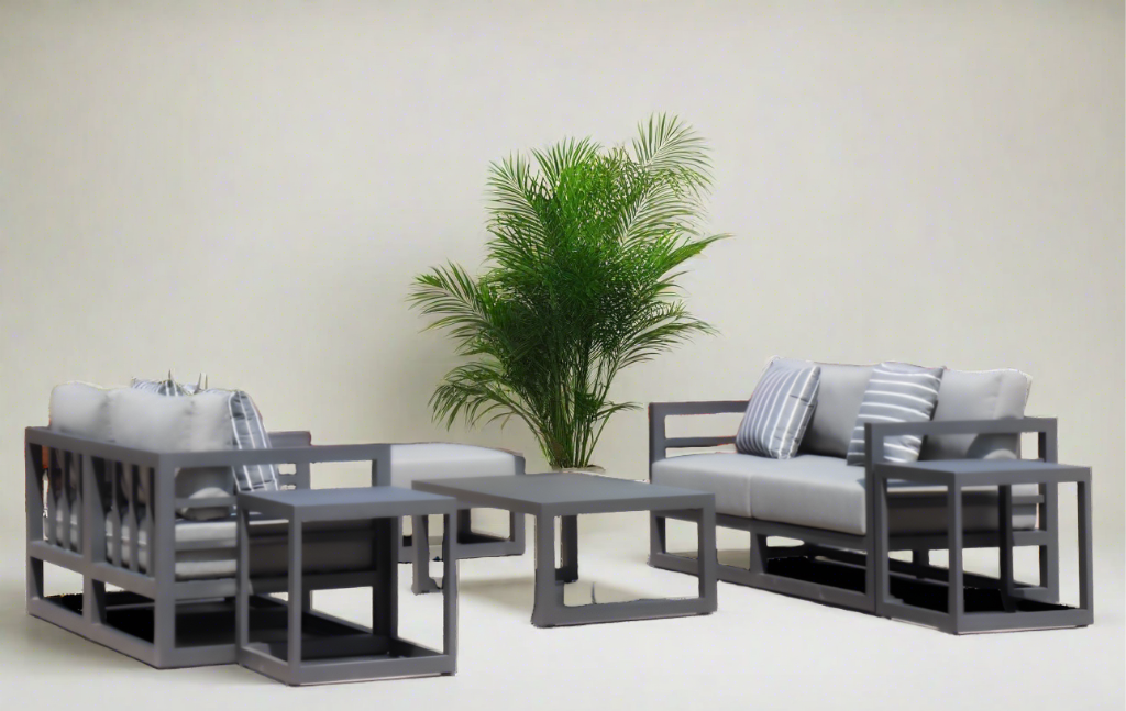 7 Piece Charcoal Aluminium Hampton Style Outdoor Furniture Lounge Set Weather Resistant 3 Seater, 1+1 + Coffee Table & 2x Side tables