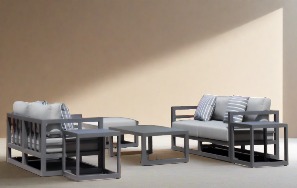 7 Piece Charcoal Aluminium Hampton Style Outdoor Furniture Lounge Set Weather Resistant 3 Seater, 1+1 + Coffee Table & 2x Side tables