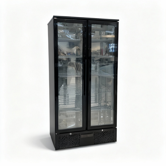 Floor Stock 458L Tropical Rated Triple Glazed Double Door Commercial 458ltr Upright Wine Bar Fridge Black