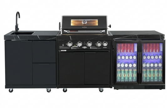 Rockpool 4B: Designer Black Outdoor BBQ Kitchen Package inc 2 Door 208L Fridge + Sink/Drawer Module