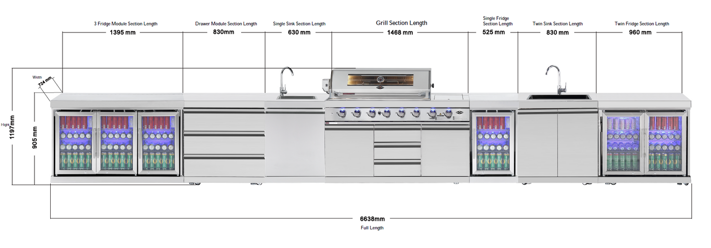Hurricane 6-Burner Outdoor Kitchen 304 Stainless Steel BBQ Package Inc Triple Fridge, Sink, 3 Drawer Storage, Side Wok & Rear Infrared Burner