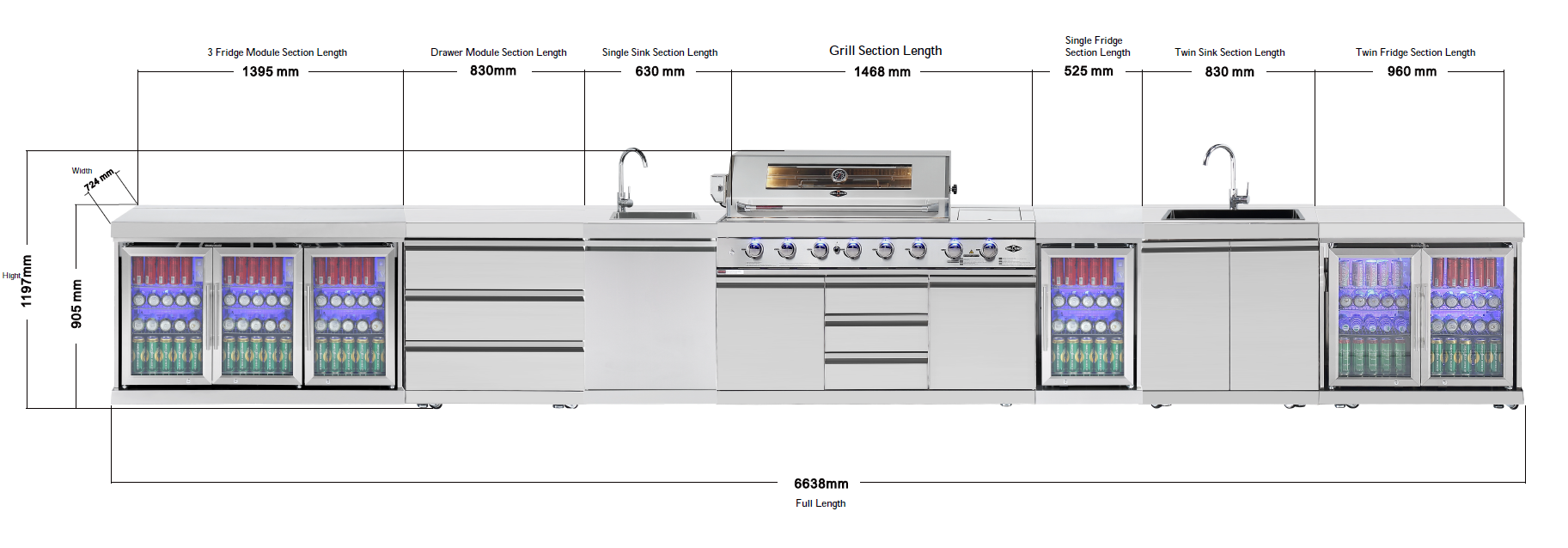 Hurricane 6-Burner Outdoor Kitchen 304 Stainless Steel BBQ Package Inc Triple Fridge, Sink, 3 Drawer Storage, Side Wok & Rear Infrared Burner