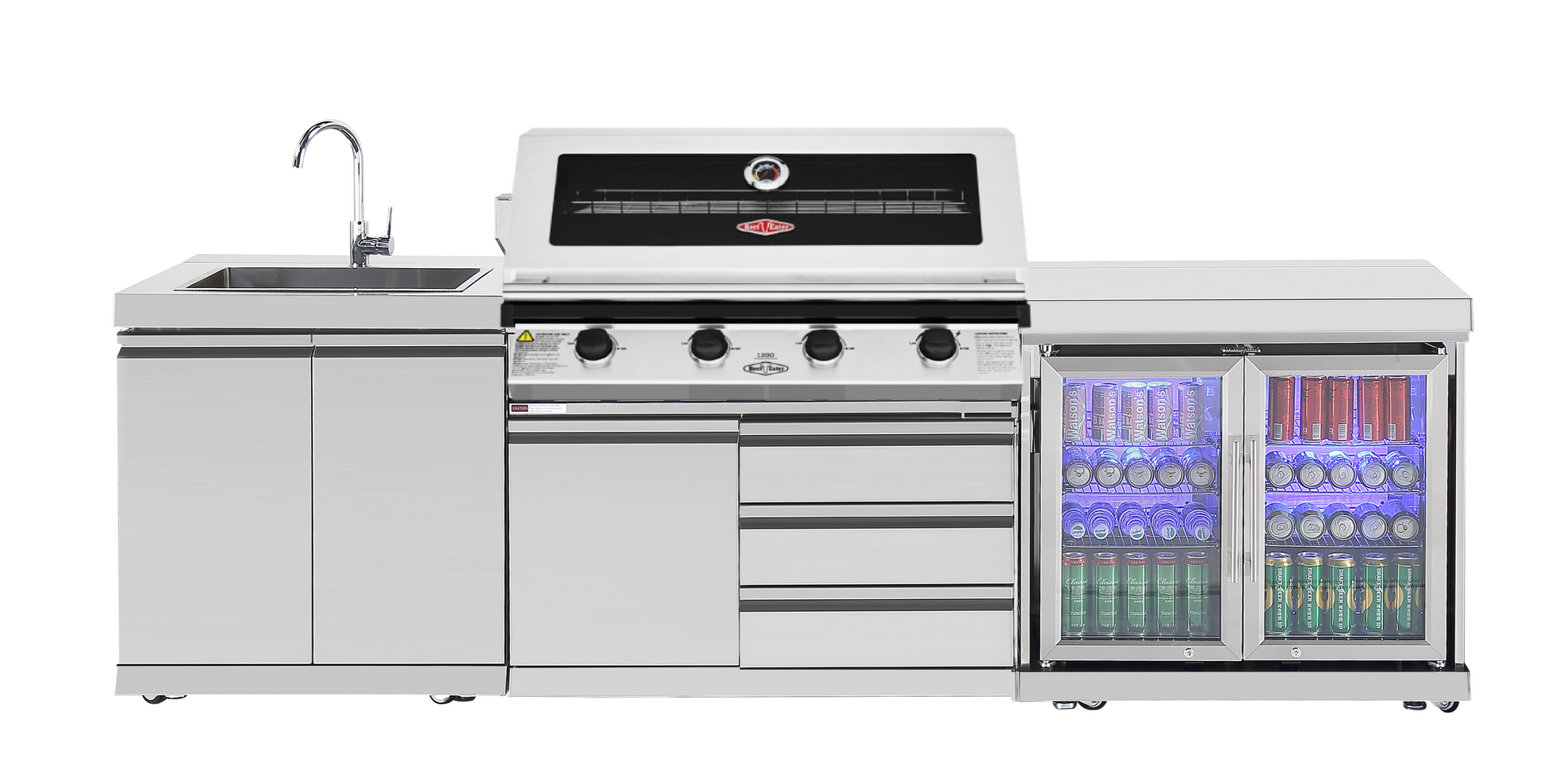 304 Stainless Steel BBQ Kitchen Suits Beef Eater 5 Burner 1200, Fridge And Sink Outdoor BBQ Kitchen Package