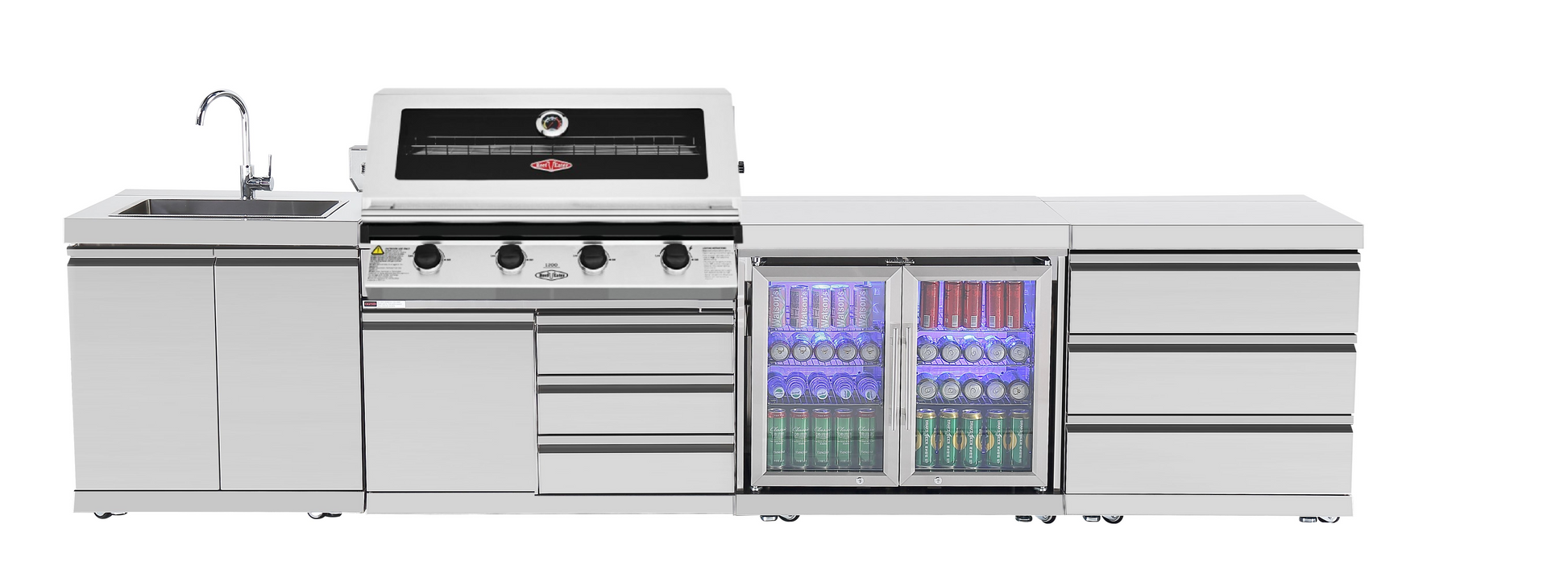 304 Stainless Steel BBQ Kitchen Suits Beef Eater 5 Burner 1200, Fridge And Sink Outdoor BBQ Kitchen Package