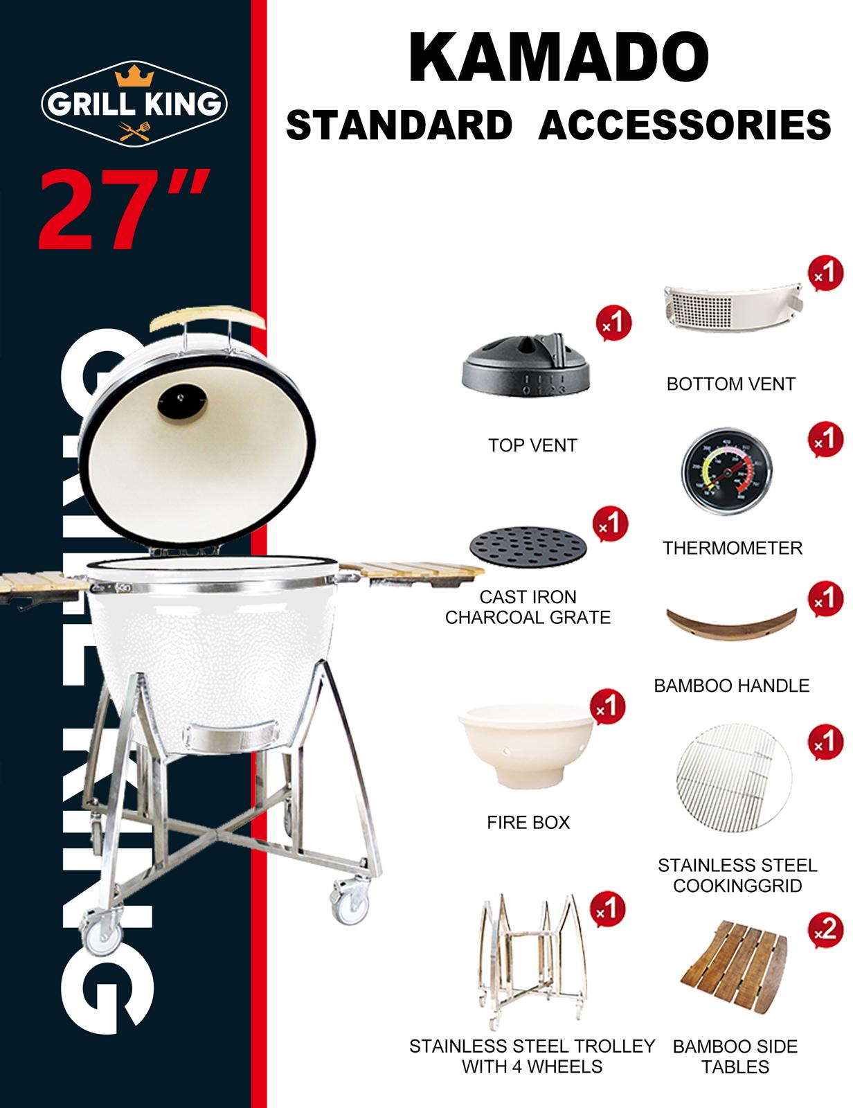 Grill King 27” White Kamado Ceramic Charcoal Grill With Trolley & Side Tables