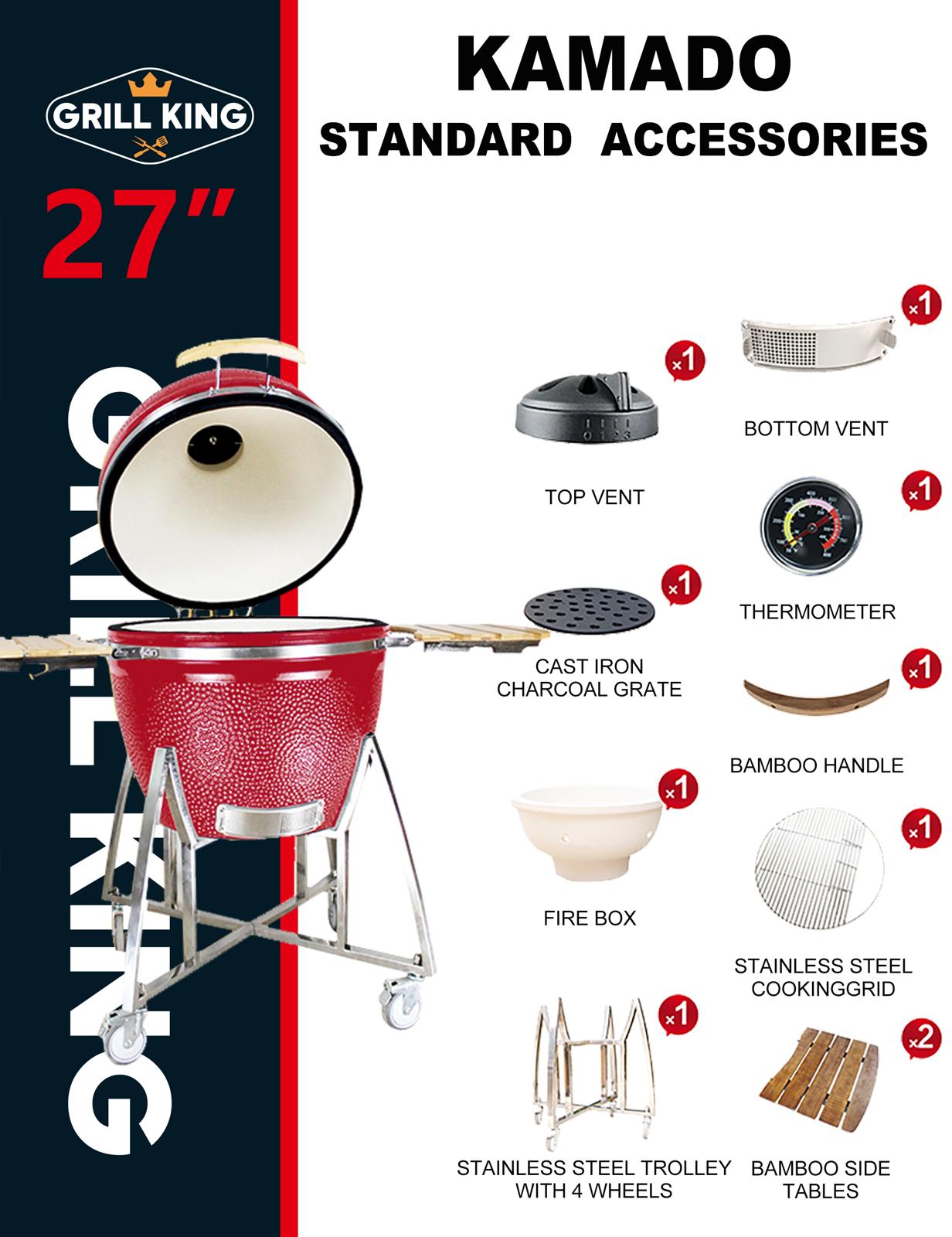 Grill King 27” White Kamado Ceramic Charcoal Grill With Trolley & Side Tables