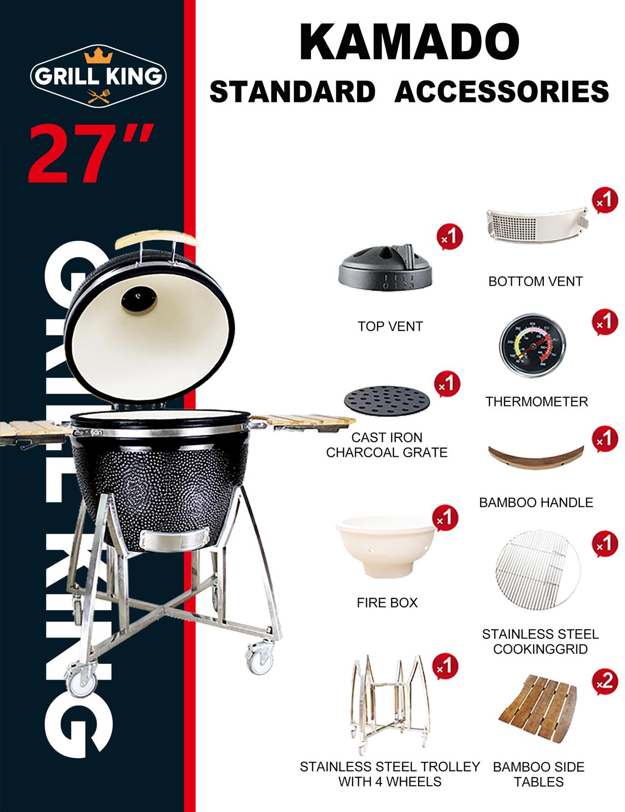 Grill King 27” White Kamado Ceramic Charcoal Grill With Trolley & Side Tables