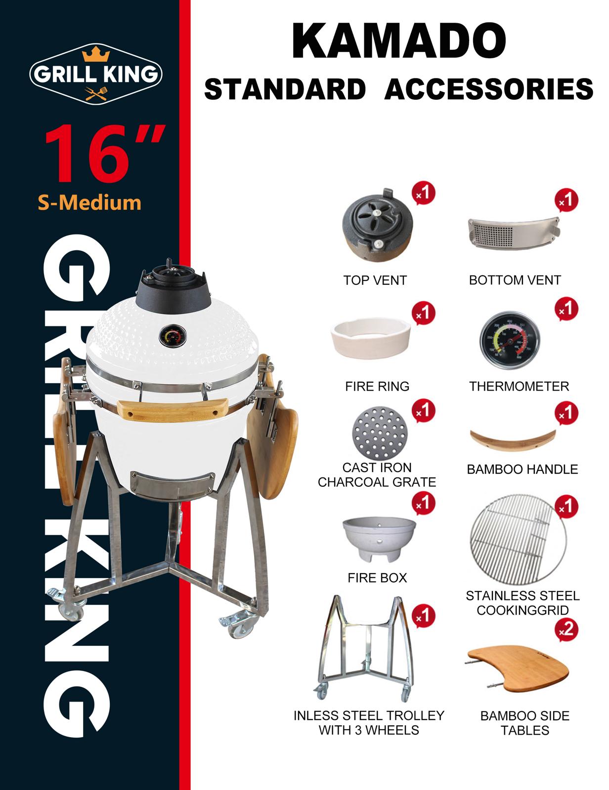 Grill King 16” Red Kamado Ceramic Charcoal Grill With Trolley & Side Tables