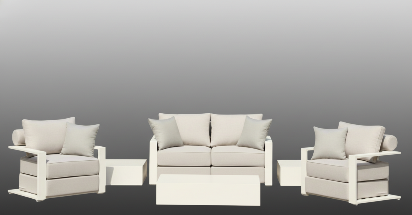 Hampton Style 4-Piece Outdoor Lounge Set – White Aluminium Frame + Weather-Resistant Cushions