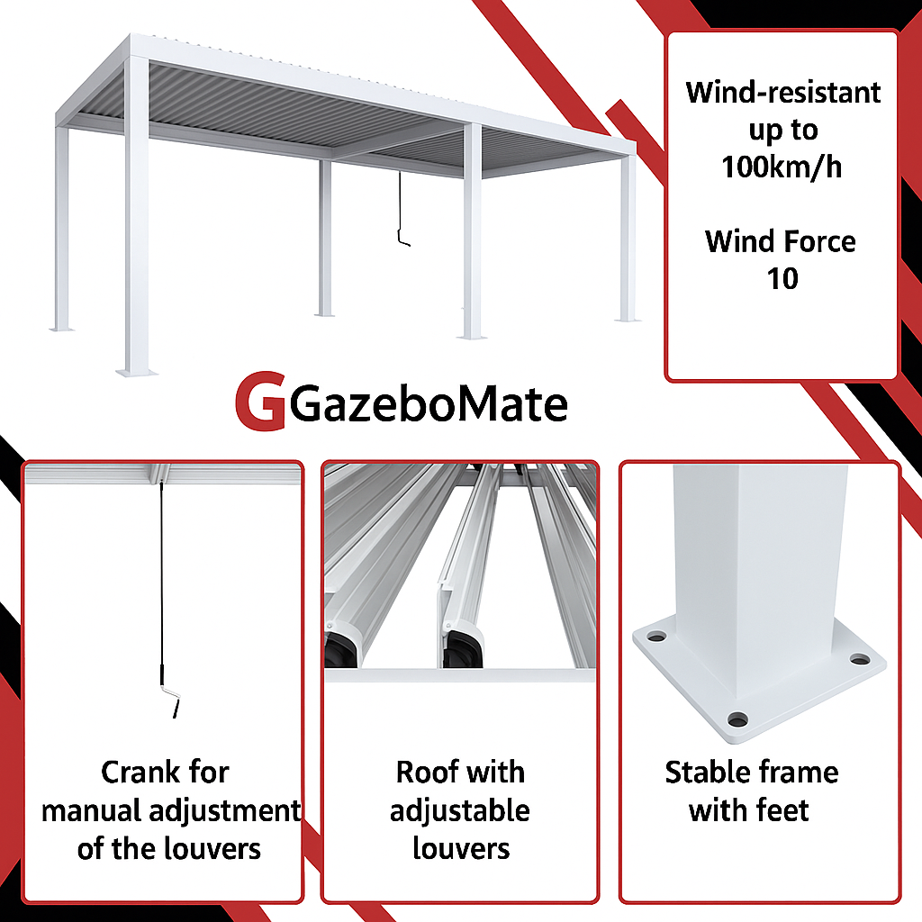 GazeboMate 4M x 6M Semi Permanent Louvered Gazebo Monument Aluminium Heavy Duty Wind Resistant