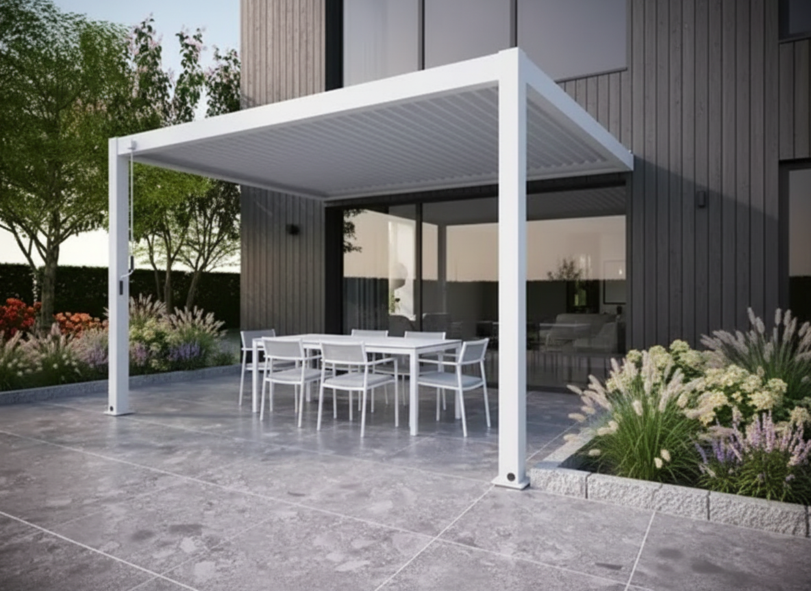 Wall Mounted 2.4x2.4M Semi Permanent Louvred Gazebo Heavy Duty Wind Resistant