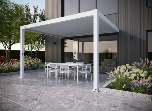 Wall Mounted 2.4x2.4M Semi Permanent Louvred Gazebo Heavy Duty Wind Resistant