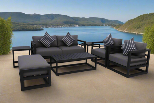 7 Piece Charcoal Aluminium Hampton Style Outdoor Furniture Lounge Set Weather Resistant 3 Seater, 1+1 + Coffee Table & 2x Side tables