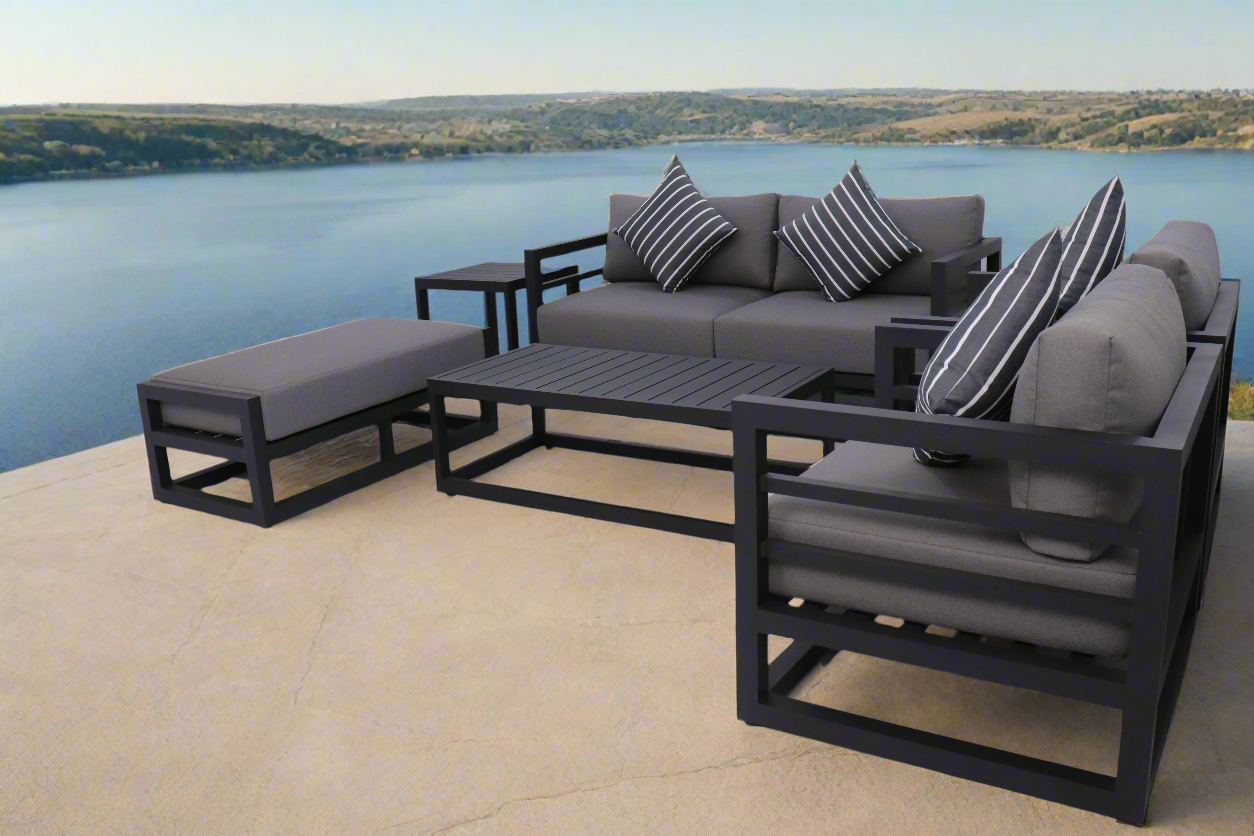 7 Piece Charcoal Aluminium Hampton Style Outdoor Furniture Lounge Set Weather Resistant 3 Seater, 1+1 + Coffee Table & 2x Side tables