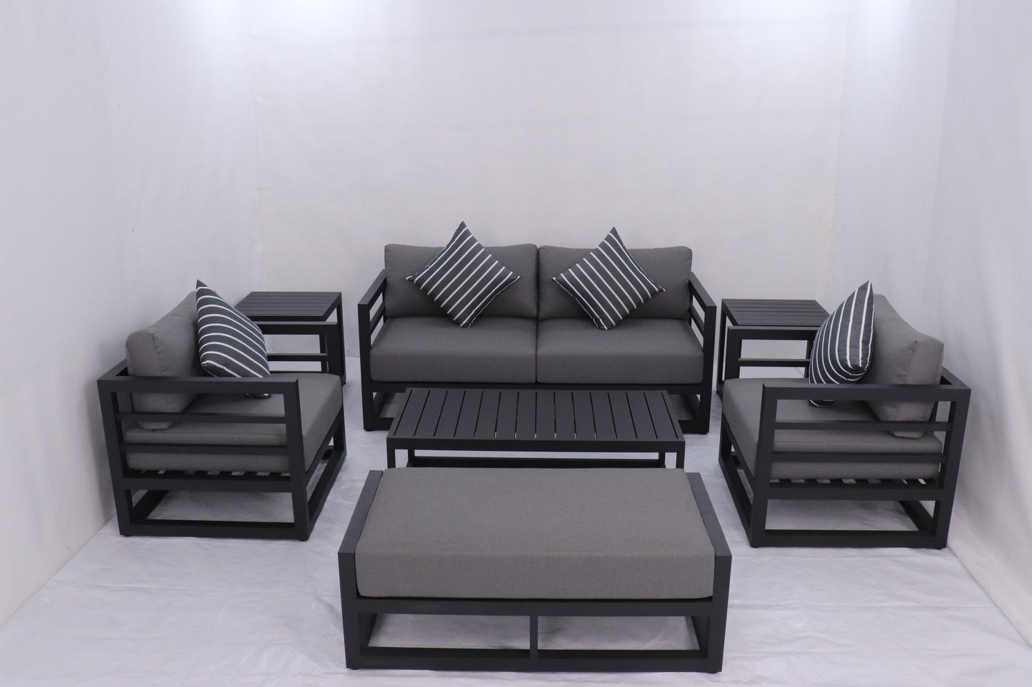 7 Piece Charcoal Aluminium Hampton Style Outdoor Furniture Lounge Set Weather Resistant 3 Seater, 1+1 + Coffee Table & 2x Side tables