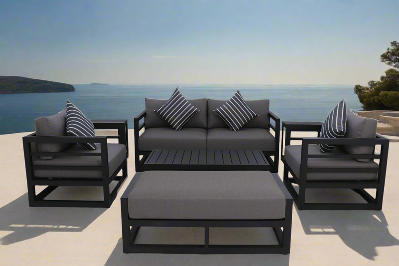 7 Piece Charcoal Aluminium Hampton Style Outdoor Furniture Lounge Set Weather Resistant 3 Seater, 1+1 + Coffee Table & 2x Side tables