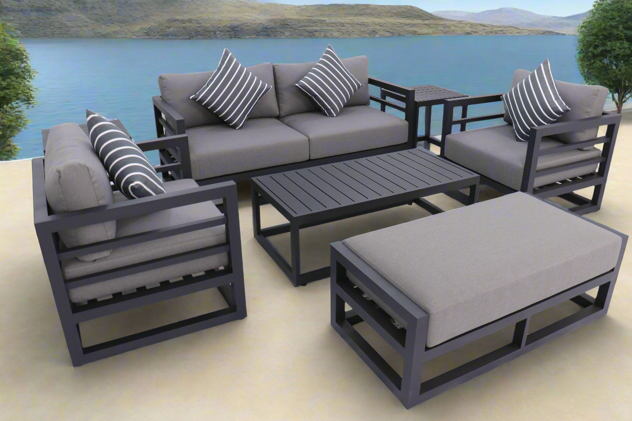 7 Piece Charcoal Aluminium Hampton Style Outdoor Furniture Lounge Set Weather Resistant 3 Seater, 1+1 + Coffee Table & 2x Side tables