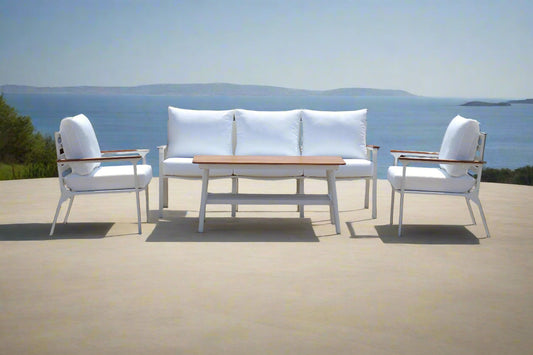 Modern 4-Piece White Aluminium Wheather Resistant Outdoor Lounge Set inc coffee table & pillows