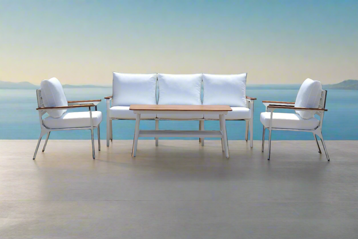 Modern 4-Piece White Aluminium Wheather Resistant Outdoor Lounge Set inc coffee table & pillows