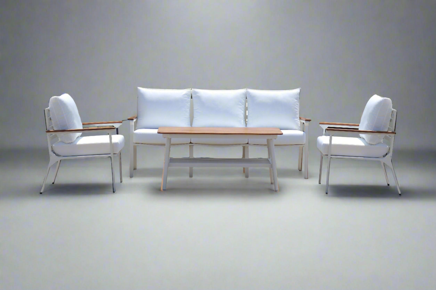 Modern 4-Piece White Aluminium Wheather Resistant Outdoor Lounge Set inc coffee table & pillows
