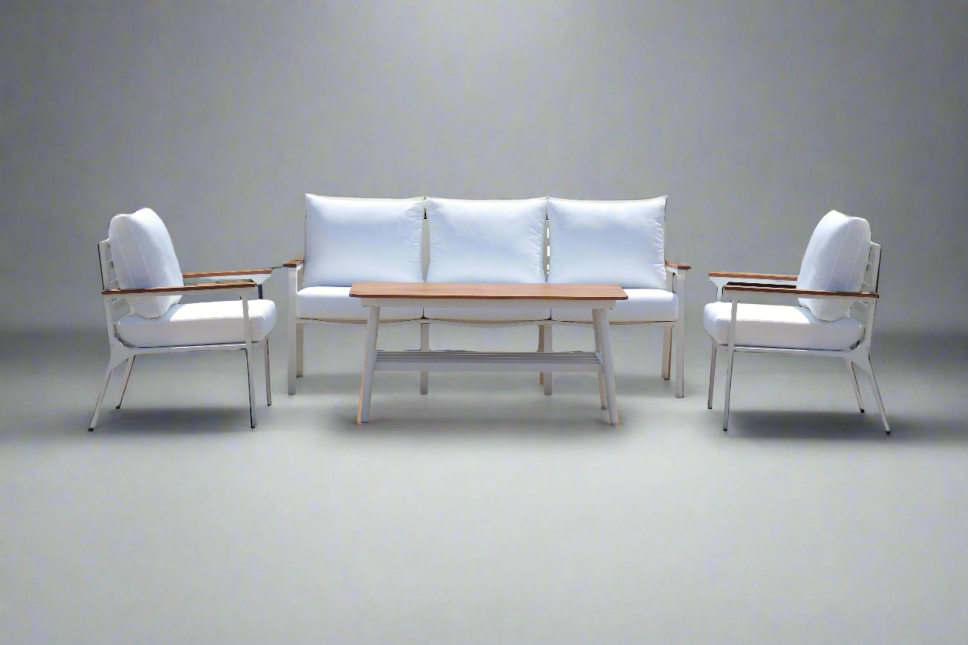 Modern 4-Piece White Aluminium Wheather Resistant Outdoor Lounge Set inc coffee table & pillows