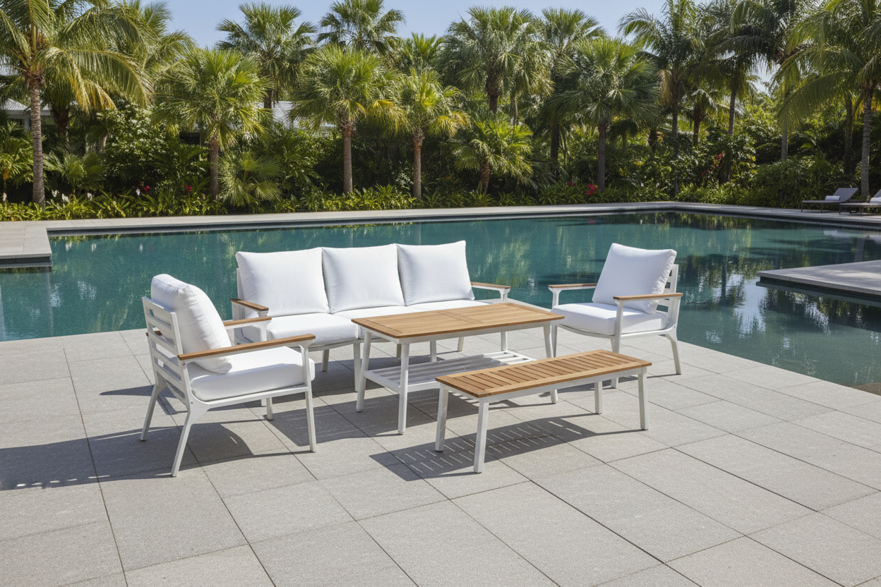 Modern 4-Piece White Aluminium Wheather Resistant Outdoor Lounge Set inc coffee table & pillows
