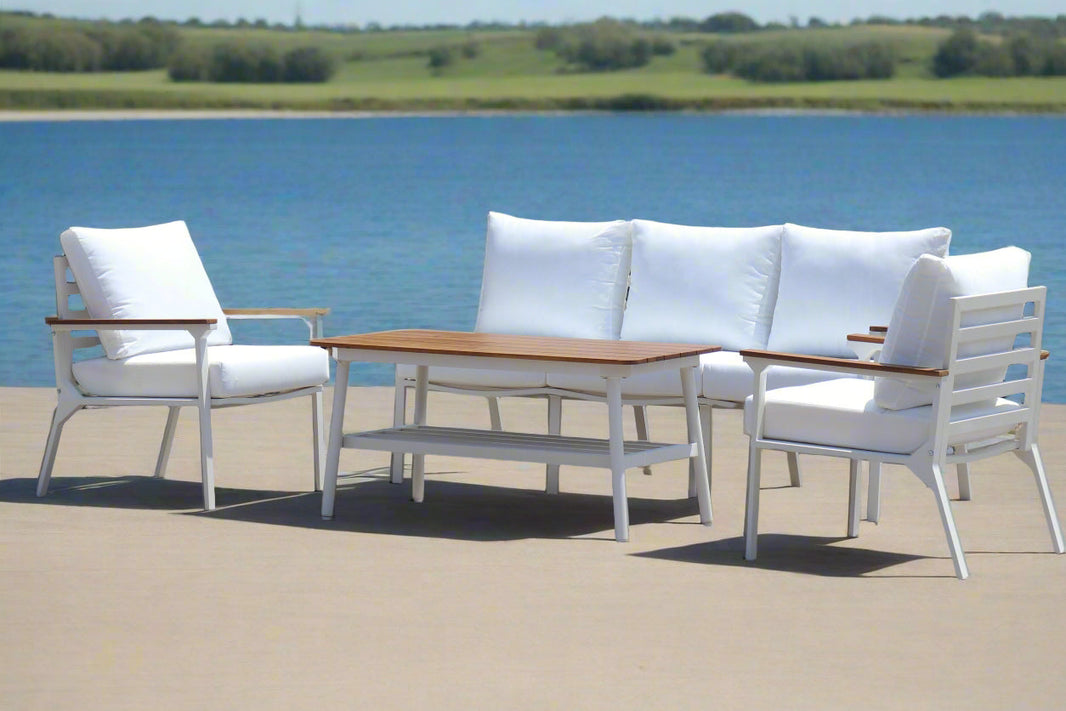 Modern 4-Piece White Aluminium Wheather Resistant Outdoor Lounge Set inc coffee table & pillows