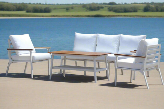 Modern 4-Piece White Aluminium Wheather Resistant Outdoor Lounge Set inc coffee table & pillows
