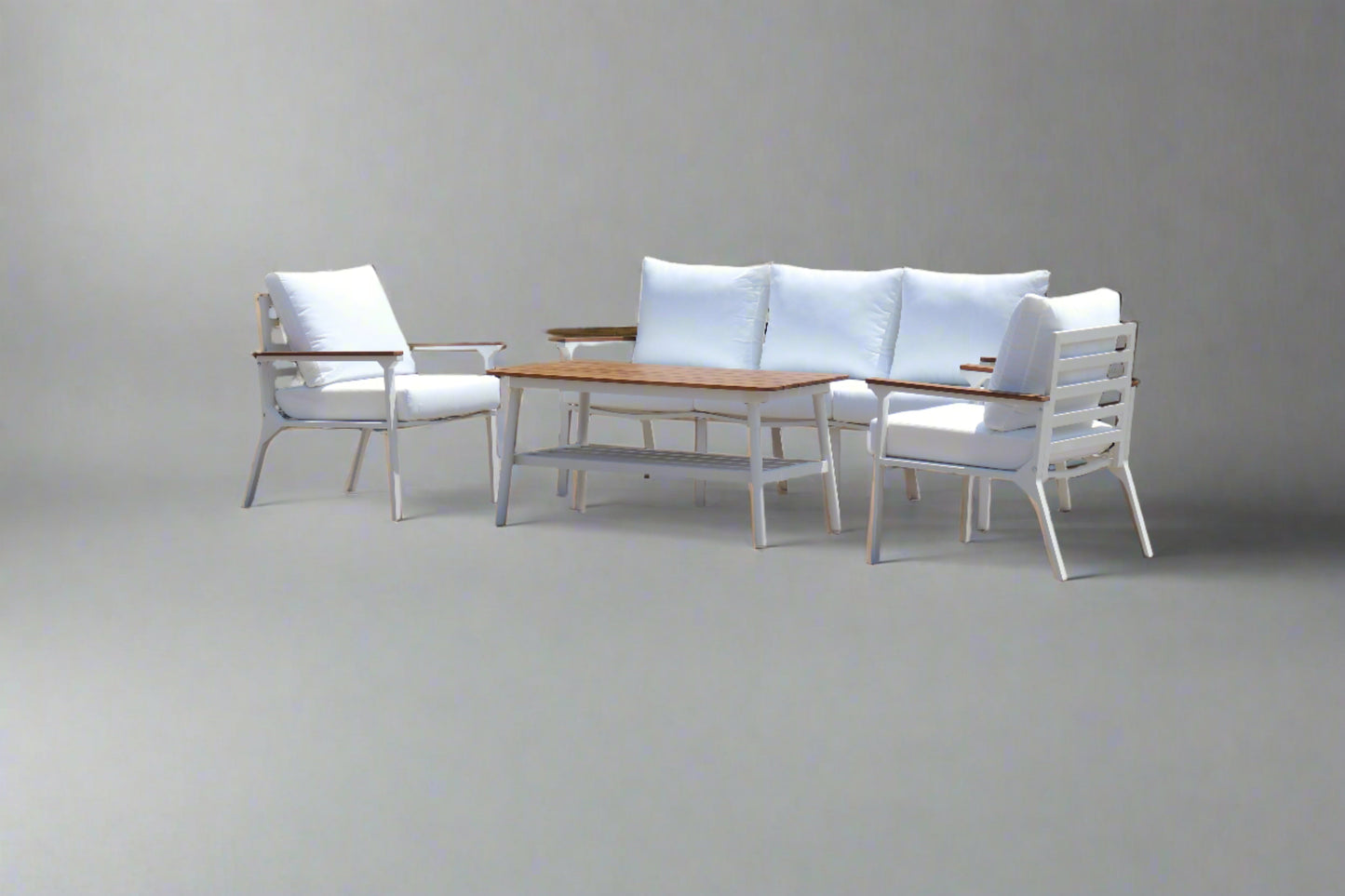 Modern 4-Piece White Aluminium Wheather Resistant Outdoor Lounge Set inc coffee table & pillows