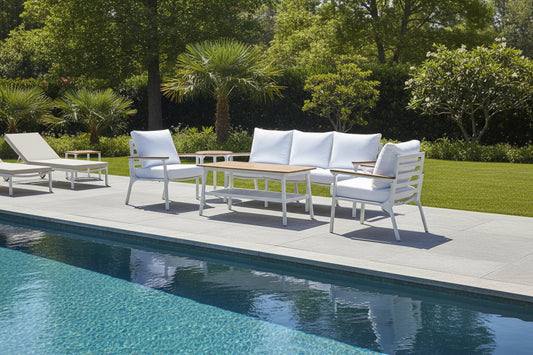 Modern 4-Piece White Aluminium Wheather Resistant Outdoor Lounge Set inc coffee table & pillows