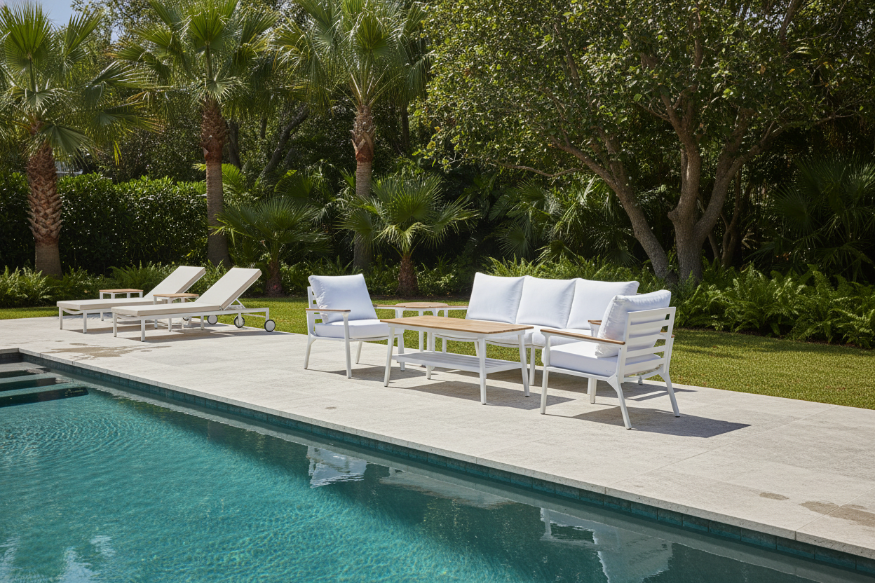 Modern 4-Piece White Aluminium Wheather Resistant Outdoor Lounge Set inc coffee table & pillows