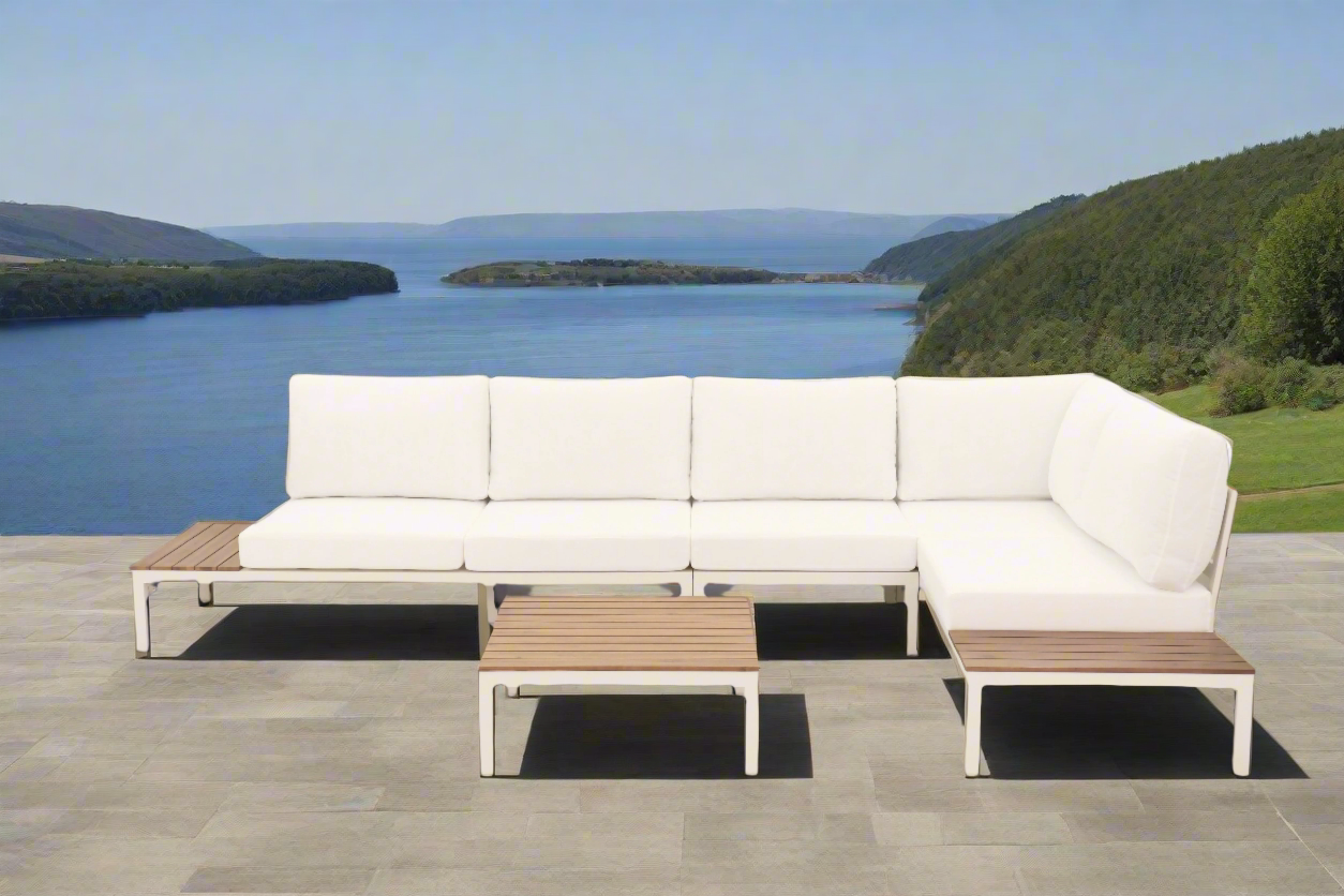 Modular Sofa Outdoor Furniture Set White Aluminium White Cusions Modular 4 Piece inc Coffe Table