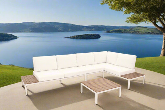 Modular Sofa Outdoor Furniture Set White Aluminium White Cusions Modular 4 Piece inc Coffe Table