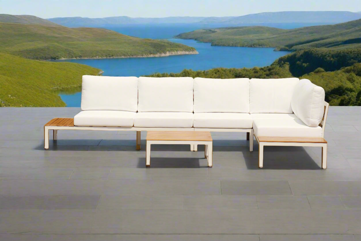 Modular Sofa Outdoor Furniture Set White Aluminium White Cusions Modular 4 Piece inc Coffe Table
