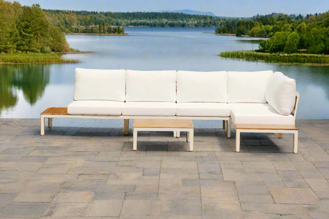 Modular Sofa Outdoor Furniture Set White Aluminium White Cusions Modular 4 Piece inc Coffe Table