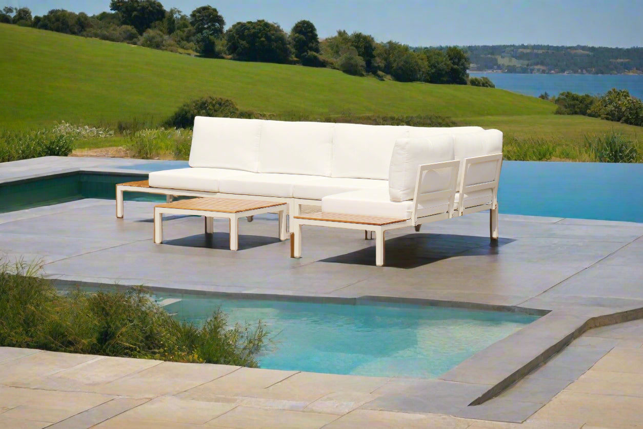 Modular Sofa Outdoor Furniture Set White Aluminium White Cusions Modular 4 Piece inc Coffe Table