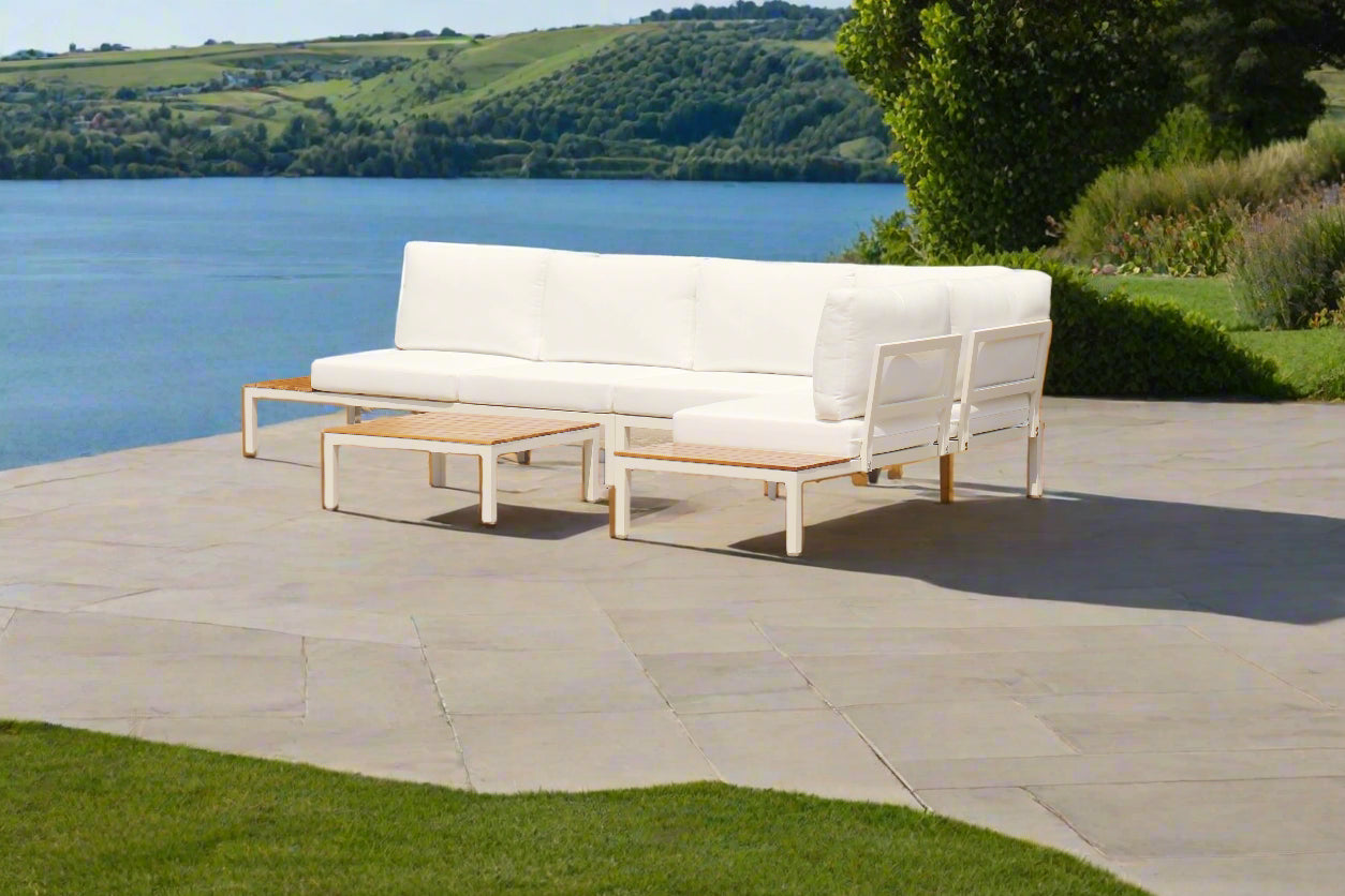 Modular Sofa Outdoor Furniture Set White Aluminium White Cusions Modular 4 Piece inc Coffe Table